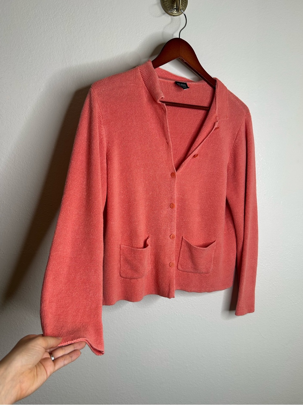 Eileen Fisher 100% Linen Textured Heavy Knit Coral Button Down Jacket